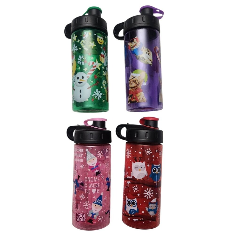 Lot Of 4 Christmas Cool Gear 16 oz Water Bottles Stocking Stuffers Gnomes Cats